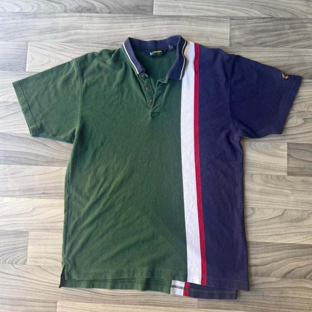 EBTek Eddie Bauer Striped Polo Shirt Size L/G Green Navy Red Cotton